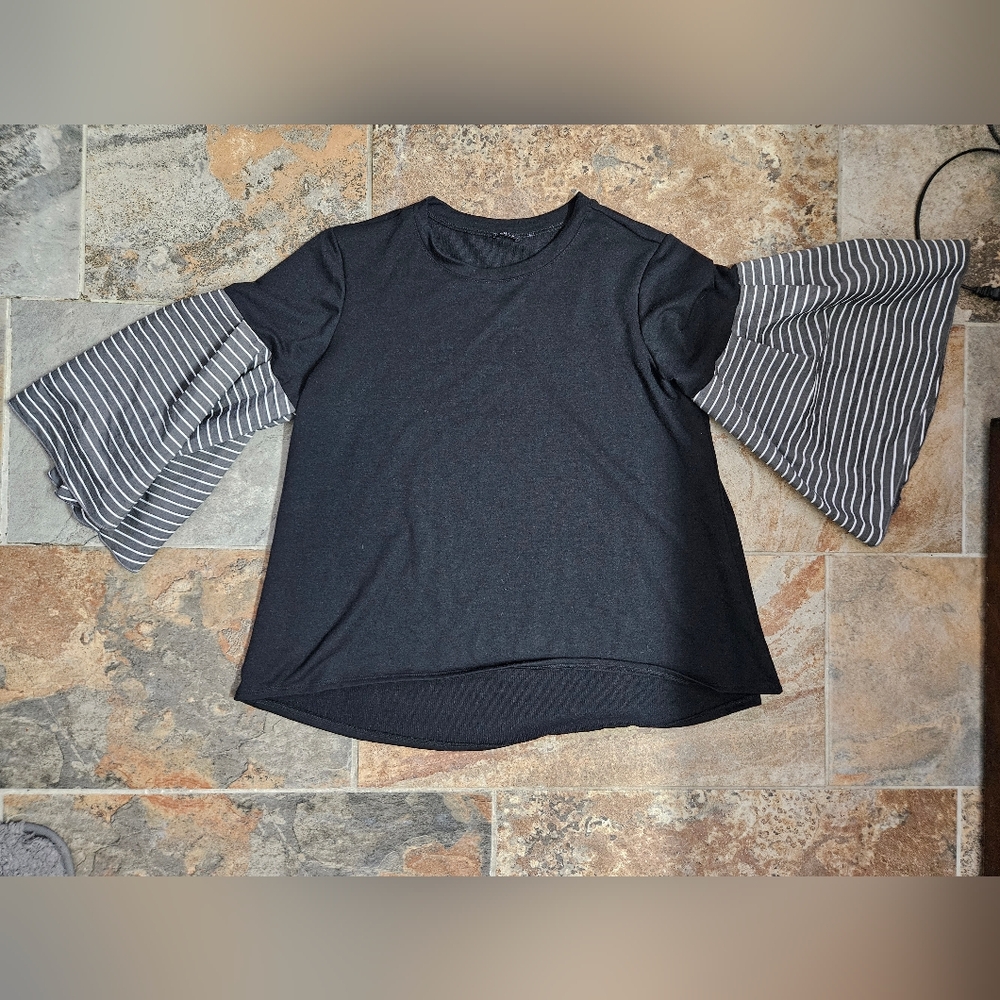 Hannah Black Blouse with Striped Sleeves